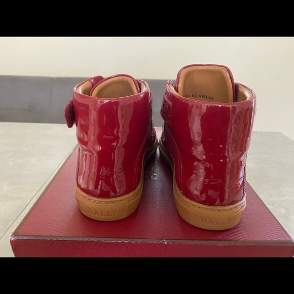 BALLY HERICK RED COLOR BLOCK PATENT LEATHER HI TOP VELCRO STRAPS LOGO SNEAKERS - Picture 5 of 8